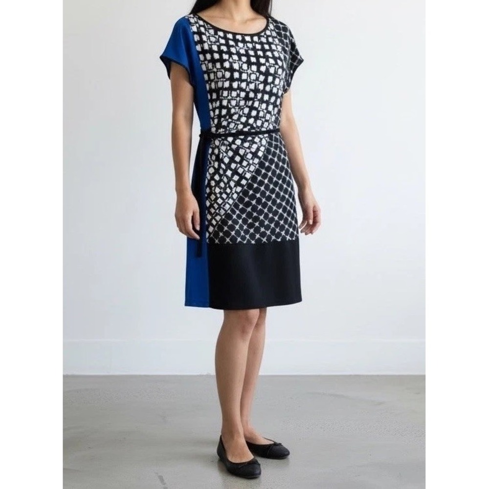 Calvin Klein Women's S Sheath Dress Black White Blue‎ Geometric Tie Waist Career